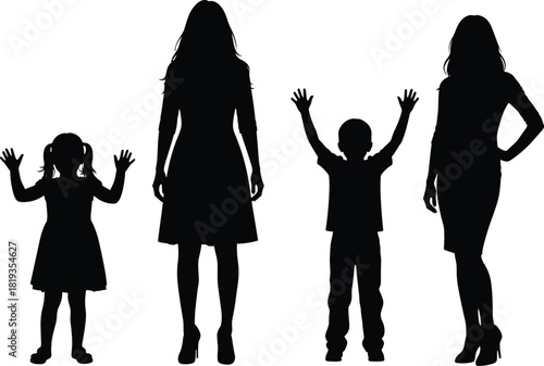 Black Silhouette of Happy Family Group Standing Together, Including Two Women, a Young Girl with Pigtails, and a Cheerful Boy with Hands Raised, Representing Motherhood, Childhood, and Unity.