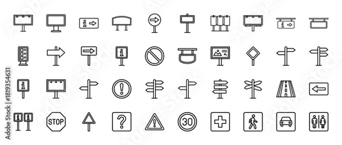 Public signs and symbols line icon set. Vector pictograms of billboards, stop, warning, direction, information, pedestrian, speed limit, and car, thin linear illustration.