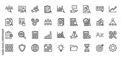 Business analysis line icon set. Vector pictograms of document analysis, financial growth, customer feedback, data visualization, planning, and research tools, thin linear illustration.