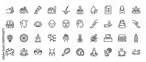 Beauty and spa line icon set. Vector pictograms of skincare products, facial masks, meditation, waxing, and wellness treatments, thin linear illustration.
