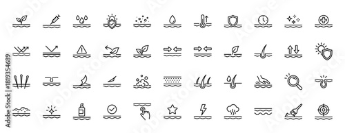 Skincare line icon set. Vector pictograms of hydration, natural extracts, injections, UV protection, skin layers, pores, hair follicles, and treatment, thin linear illustration.