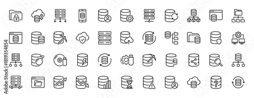 Database and data management line icon set. Vector pictograms of servers, cloud storage, security, network, analytics, and data protection, thin linear illustration.