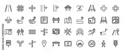 Navigation line icon set. Vector pictograms of roads, maps, GPS, directions, traffic, signs, bridges, and tunnels, thin linear illustration.