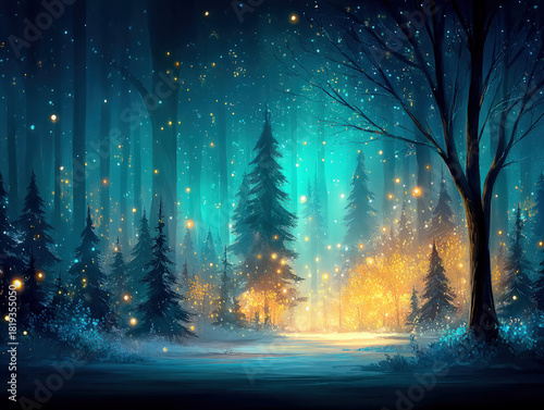 Pine forest in snow at night