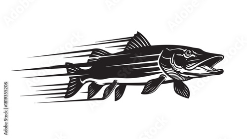 Dynamic northern pike graphic, ready to strike, conveys speed and power for fishing brands and outdoor adventures, perfect for logos, apparel, and promotional designs