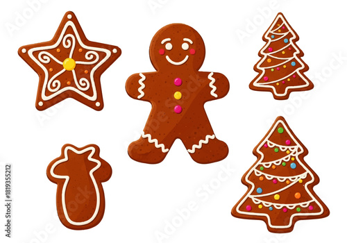 Gingerbread cookies: star, man, and Christmas tree shapes with icing.