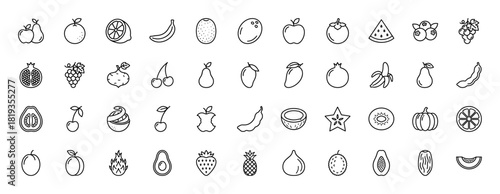 Fruits and vegetables line icon set. Vector pictograms of lemon, apple, banana, grapes, blueberry, pomegranate, watermelon, mango, pineapple, thin linear illustration.