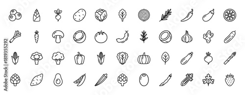 Healthy food line icon set. Vector pictograms of cabbage, radish, carrot, lemon, tomato, broccoli, corn, pumpkin, avocado, and strawberry, thin linear illustration.