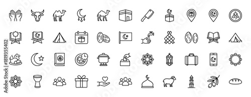 Islamic culture and Ramadan line icon set. Vector pictograms of Kaaba, camel, Quran, moon, mosque, flag, dates, gift, sheep, and prayer hands, thin linear illustration.