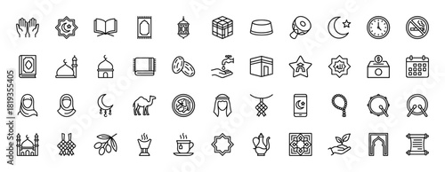 Islamic line icon set. Vector pictograms of lantern, Kaaba, prayer hands, mosque, Quran, dates, camel, and prayer beads, thin linear illustration.