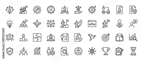 Business and personal development line icon set. Vector pictograms for growth, strategy, innovation, and success, thin linear illustration.