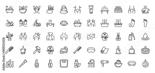 Spa and wellness line icon set. Vector pictograms of massage stones, herbal bags, bathtubs, lotus, towels, bamboo, bathrobes, and beauty essentials, thin linear illustration.