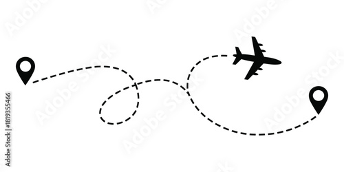 Airplane flight path with destination markers