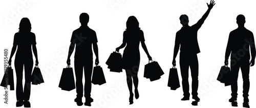 Diverse people shopping silhouette vector collection with bags, celebrating sales, consumerism, retail, market, lifestyle, black and white outline, isolated graphic element.
