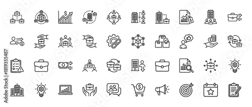 Corporate business and finance line icon set. Vector pictograms of office buildings, briefcases, growth charts, global networks, money, documents, and innovative ideas, thin linear illustration.