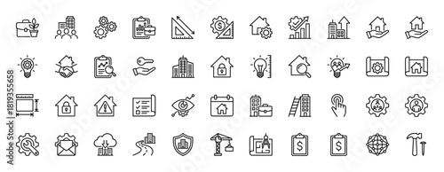 Real estate, construction, and development line icon set. Vector pictograms of buildings, tools, financial charts, blueprints, and property management concepts, thin linear illustration.