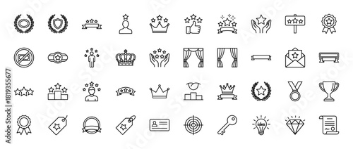 Achievement and quality line icon set. Vector pictograms of stars, crowns, medals, trophies, ribbons, shields, podiums, and spotlights, thin linear illustration.