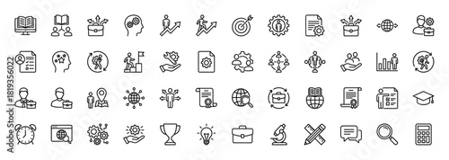 Business and education line icon set. Vector pictograms of books, briefcases, targets, gears, globes, documents, certificates, trophies, and lightbulbs, thin linear illustration.