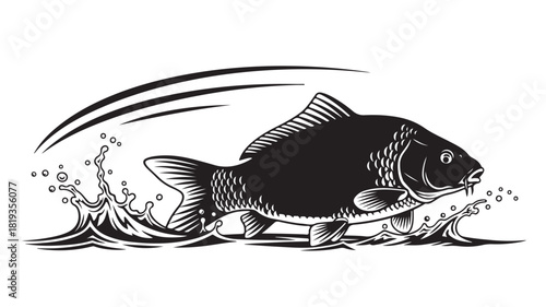 Dynamic black and white carp leaping from water with splash, perfect for fishing enthusiasts and nature designs, ideal for logos and graphics, striking and bold