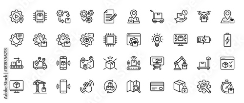 Logistics and supply chain line icon set. Vector pictograms of package, delivery truck, drone, map, gear, stopwatch, chip, document, robotic arm, and security camera, thin linear illustration.