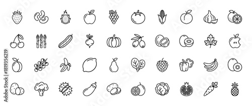 Food and nutrition line icon set. Vector pictograms of tomato, grape, strawberry, apple, peach, cucumber, garlic, cherry, kiwi, banana, lemon, pear, pumpkin, carrot, thin linear illustration.