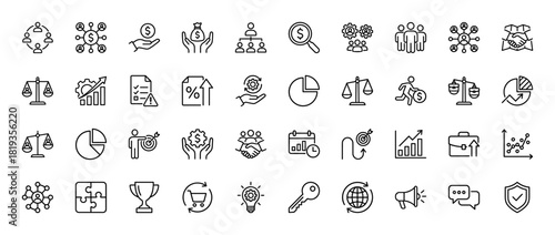 Business, finance, and management line icon set. Vector pictograms of strategy, analytics, growth, teamwork, and security, thin linear illustration.