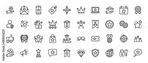 Reward and achievement line icon set. Vector pictograms of stars, crowns, medals, trophies, podiums, gifts, and feedback symbols, thin linear illustration.
