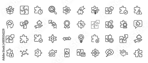Business and solution line icon set. Vector pictograms of puzzle pieces, gears, lightbulbs, analysis, and strategy, thin linear illustration.