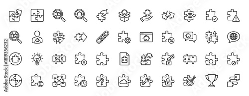 Problem-solving and strategy line icon set. Vector pictograms of puzzle pieces, collaboration, solutions, innovation, and teamwork, thin linear illustration.