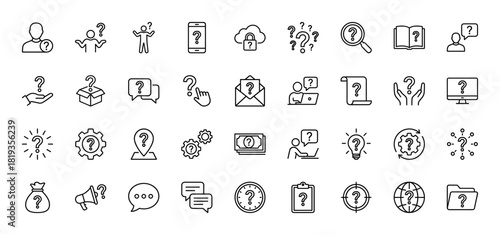 Information and support line icon set. Vector pictograms of questions, help, search, communication, data, and problem-solving concepts, thin linear illustration.