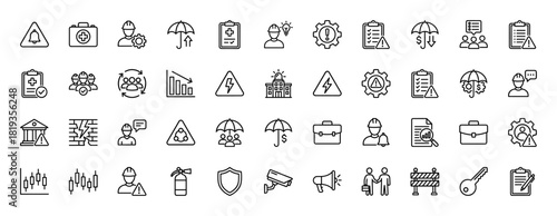 Risk management line icon set. Vector pictograms of umbrellas, safety checklists, gears, workers, security cameras, and warning signs, thin linear illustration.