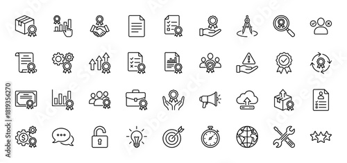Quality management and certification line icon set. Vector pictograms of award badge, document, checklist, chart, gears, handshake, lightbulb, and globe, thin linear illustration.