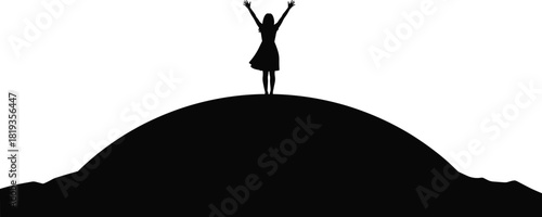 Black Silhouette Vector Illustration of a Woman Standing Victoriously on a Hilltop with Arms Raised in Celebration, Symbolizing Freedom, Success, Joy, Achievement, and Personal Triumph.
