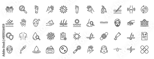 Dermatology and skin health line icon set. Vector pictograms of skin conditions, medical procedures, beauty treatments, and cellular care, thin linear illustration.