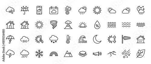 Weather line icon set. Vector pictograms of clouds, sun, rain, snow, thermometer, moon, tornado, umbrella, house, waves, volcano, rainbow, and windsock, thin linear illustration.