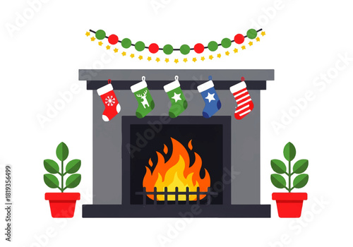 Festive fireplace with stockings and garland, plants on either side.
