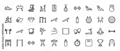 Fitness line icon set. Vector pictograms of dumbbells, kettlebells, exercise bike, treadmill, boxing gloves, yoga mat, jump rope, stopwatch, trophy, thin linear illustration.