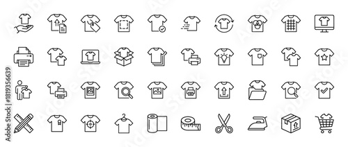 Apparel design, print & production vector icons. Features t-shirts, design tools, manufacturing, and retail, thin line illustration.