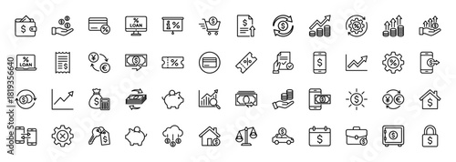 Finance line icon set. Vector pictograms of money, loans, savings, growth, property, and security, thin linear illustration.