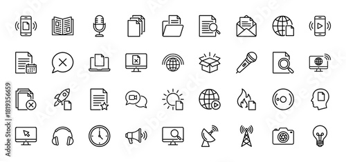 Digital communication line icon set. Vector pictograms of smartphone, microphone, documents, email, monitor, camera, global network, and lightbulb, thin linear illustration.