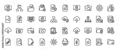Data management and office operations line icon set. Vector pictograms of folders, documents, settings, cloud storage, users, hard drives, and file actions, thin linear illustration.