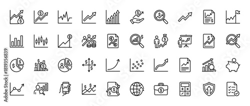 Financial data analysis line icon set. Vector pictograms of diverse growth charts, money, investment, business reports, and market analytics, thin linear illustration.