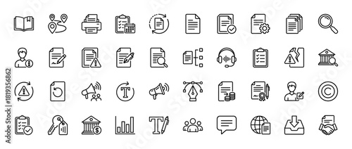Business and office line icon set. Vector pictograms of documents, printer, checklist, calendar, book, information, magnifier, communication, analytics, and security, thin linear illustration.