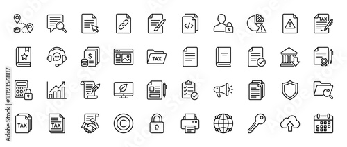 Business management line icon set. Vector pictograms of documents, finance, security, communication, technology, analytics, environment, and planning, thin linear illustration.