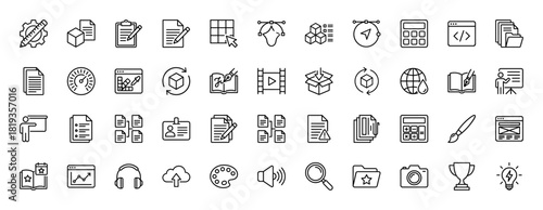 General business, creative, and development line icon set. Vector pictograms of documents, gear, calculator, code, globe, book, presentation, camera, and headphones, thin linear illustration.