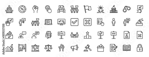 Collection of politics, election, and law line icons. Vector pictograms depicting ballot, justice, rights, government, and activism, thin linear style.
