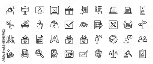 Election line icon set. Vector pictograms of ballot boxes, voting papers, candidates, politicians, public engagement, justice, results, and polls, thin linear illustration.