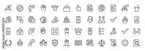 Democracy, election, and law line icon set. Vector pictograms of voting, ballot box, scales of justice, gavel, raised fist, documents, and public speaker, thin linear illustration.