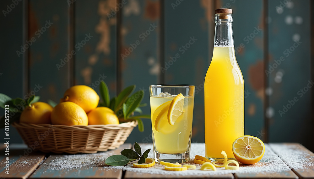 Fototapeta premium Limoncello still life with fresh lemons and beverage bottle on rustic wooden table
