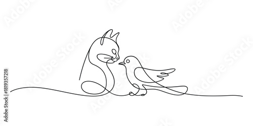 Whimsical cat and bird friendship in continuous line art
